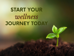 Wellness typography image with the phrase “Start Your Wellness Journey Today” beside a growing green seedling.