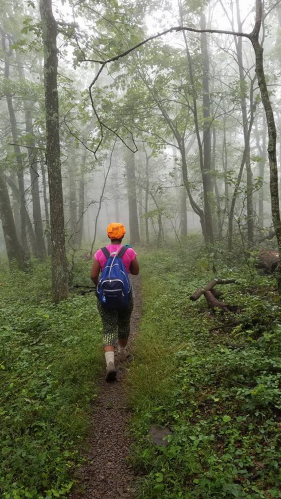 Person hiking through a misty forest trail surrounded by trees and nature on the Appalachian Trail.