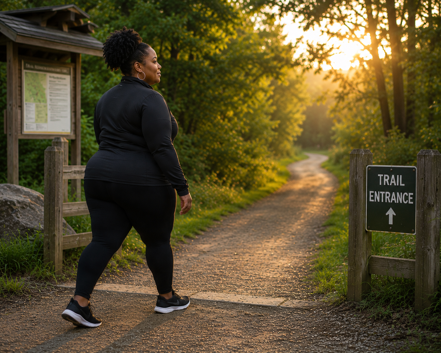A plus-size Black woman in black athletic clothing takes her first step onto a wooded nature trail at sunrise. Viewed in profile, she walks toward a clearly marked trail entrance as golden sunlight filters through the trees, symbolizing a new beginning and the start of a walking journey.