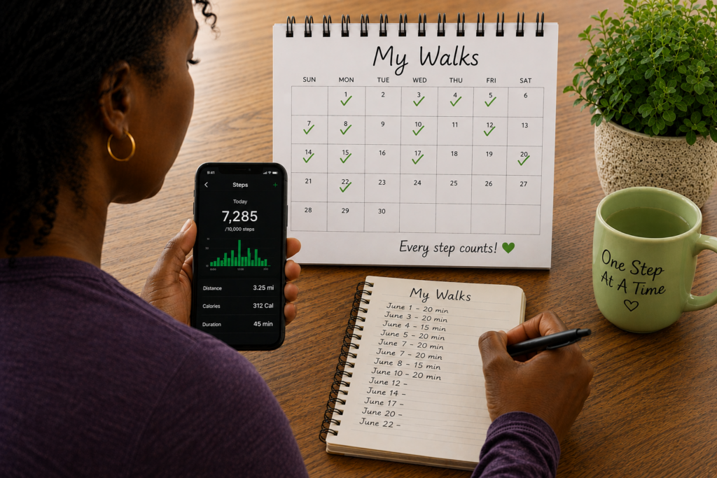 Black woman reviewing walking progress at a desk using a smartphone fitness app, a monthly walking calendar with completed days marked off, and a handwritten walking log. The image illustrates using simple tools to track consistency, monitor activity, and build a sustainable walking habit.