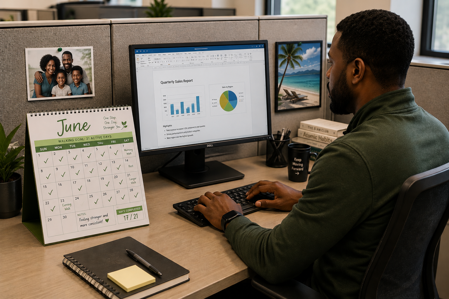 Black man working at a computer in an office cubicle with a June walking challenge calendar displayed beside his monitor. Family and vacation photos are visible in the workspace, illustrating how a walking tracker can serve as a daily reminder of personal wellness goals and progress.