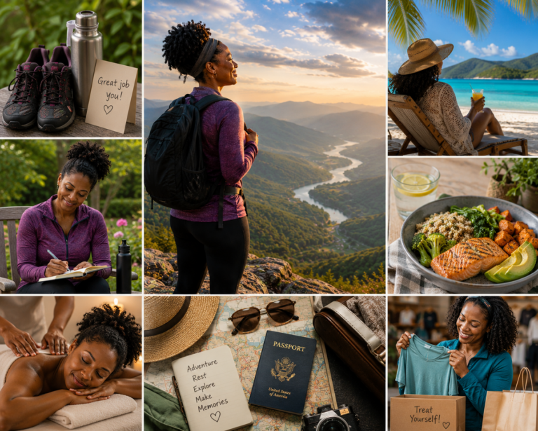 Collage of meaningful ways to celebrate progress on a walking and wellness journey, including enjoying a mountain overlook, journaling, receiving a massage, eating a healthy meal, taking a vacation, purchasing new walking gear, and reflecting on personal accomplishments.