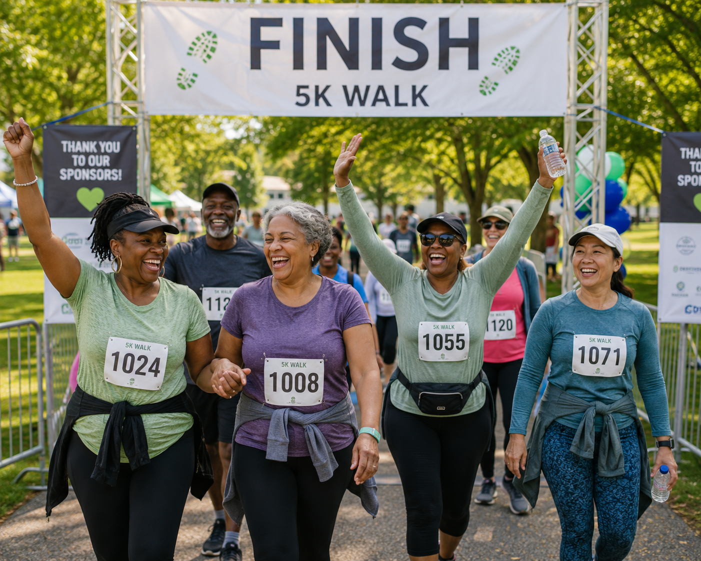 Diverse group of walkers smiling and celebrating as they cross the finish line of a community 5K walking event, demonstrating that participation, progress, and personal achievement matter more than speed or competition.