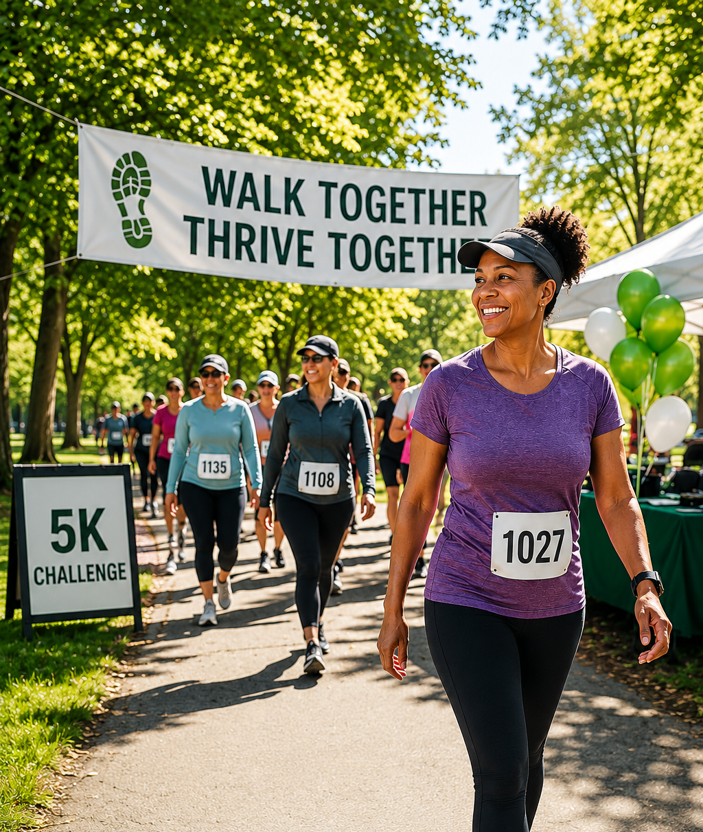Smiling group of walkers participating in a community 5K challenge in a sunny park, led by a Black woman in athletic clothing. Participants walk together beneath a banner celebrating movement, community, and outdoor wellness.