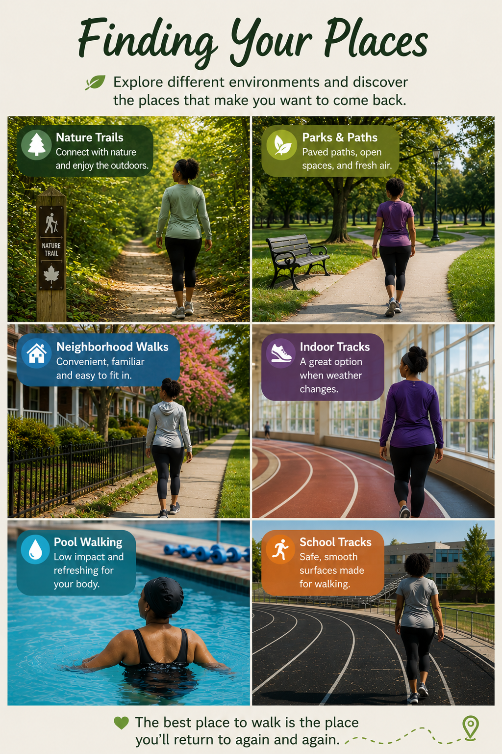 Collage showing different places to walk, including a nature trail, park path, neighborhood sidewalk, indoor walking track, pool walking area, and school track, illustrating a variety of environments that support an active walking lifestyle.