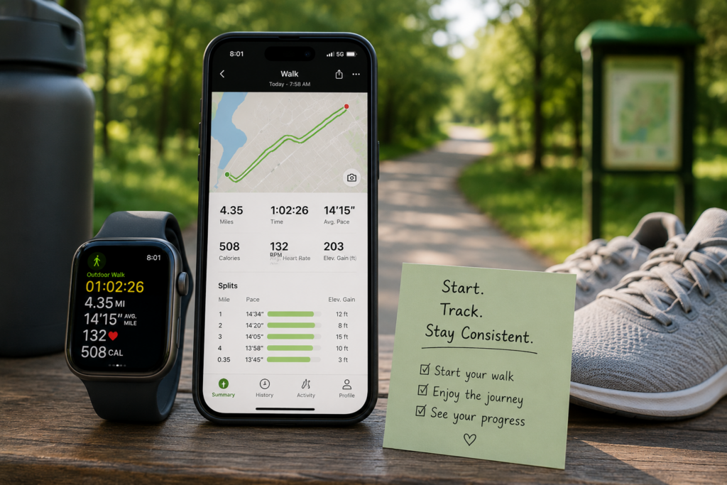 Smartwatch and smartphone displaying walking statistics, including distance, pace, duration, and heart rate, placed beside walking shoes and a water bottle at a park trail entrance.