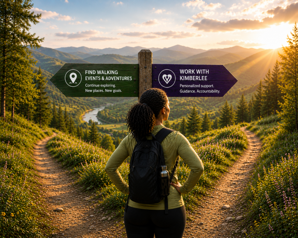 Woman standing at a scenic trail junction overlooking mountains and a valley, considering two paths forward: finding walking events and adventures or working with Kimberlee for personalized walking wellness support. The image represents choosing the next step in a wellness journey while continuing to move forward.