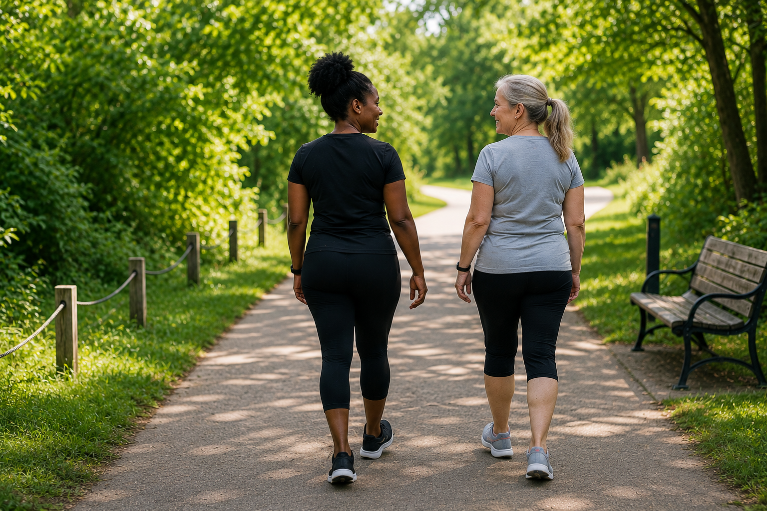 Two women walking together on a paved nature trail surrounded by trees, enjoying conversation while moving at a comfortable pace.