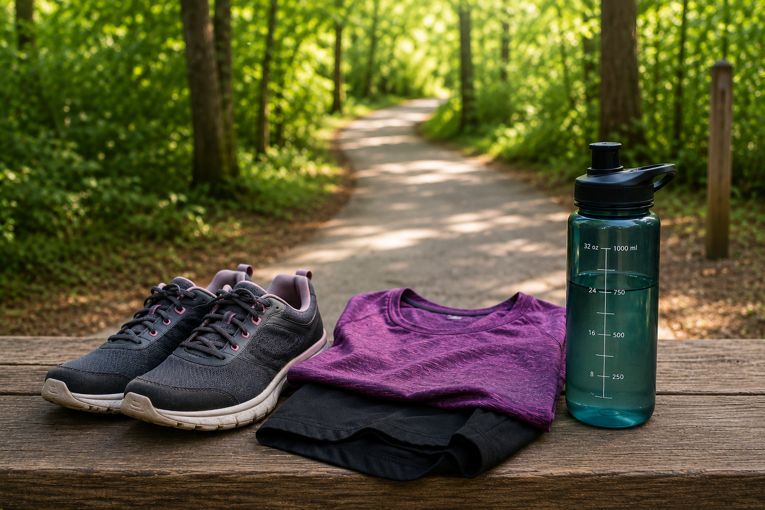 Walking shoes, comfortable clothing, and a water bottle arranged on a bench beside a paved nature trail surrounded by trees.